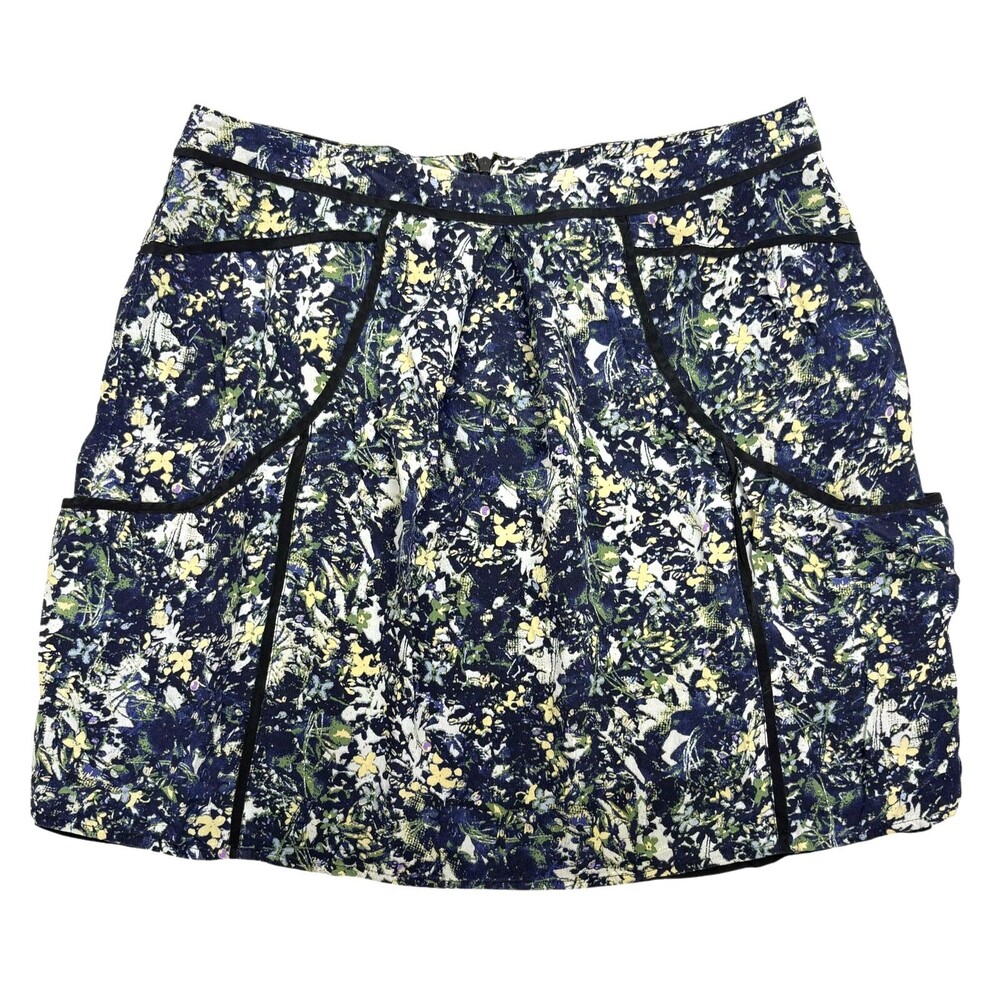 Lilu Anthropologie Mini Marble Floral Skirt 100% Silk Inked Blue Pockets MEDIUM